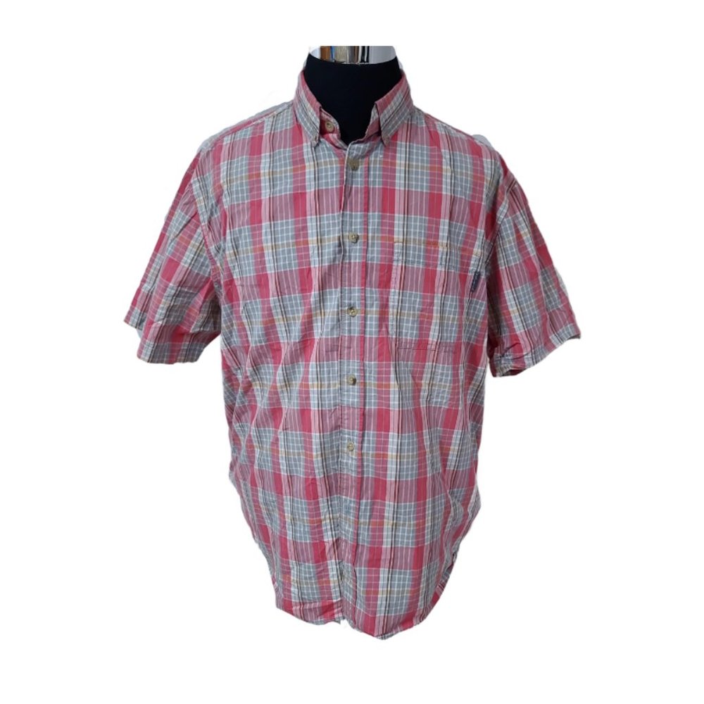 Vtg Woolrich Mens XL Red Pink Grey Stripe Short Sleeve Button Up Shirt
